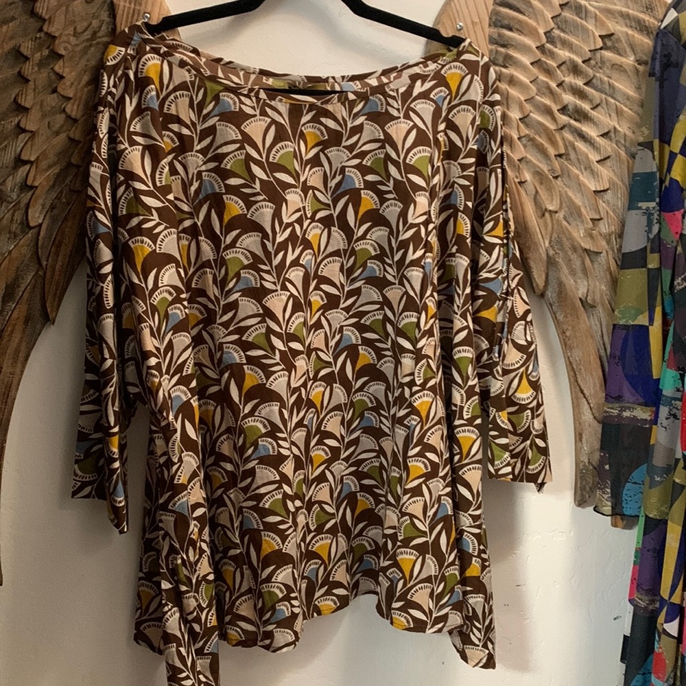Gorgeous blouse brown cream mustard olive blue print . 100% cotton